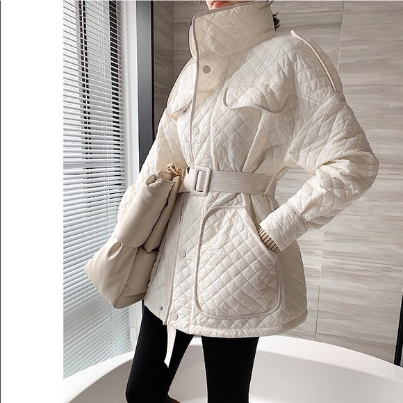 Quilted Jacket coat pocket belt British fashion white button winter outerwear - Picture 7 of 13